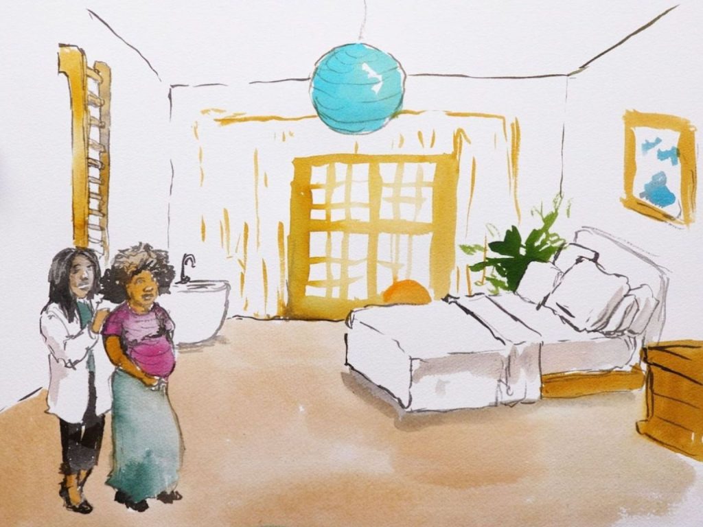 a watercolor image of two people in a birth center room with a comfortable bed. one person in a white doctor's jacket is standing behind a black pregnant person who is standing and holding their belly. 