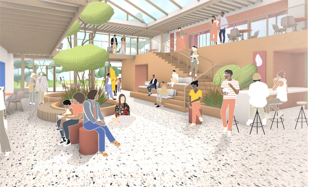 a computer-generated illustration of a two-story interior of a building, with many people of all races working and socializing in the space. There is a glass roof letting sunlight in.