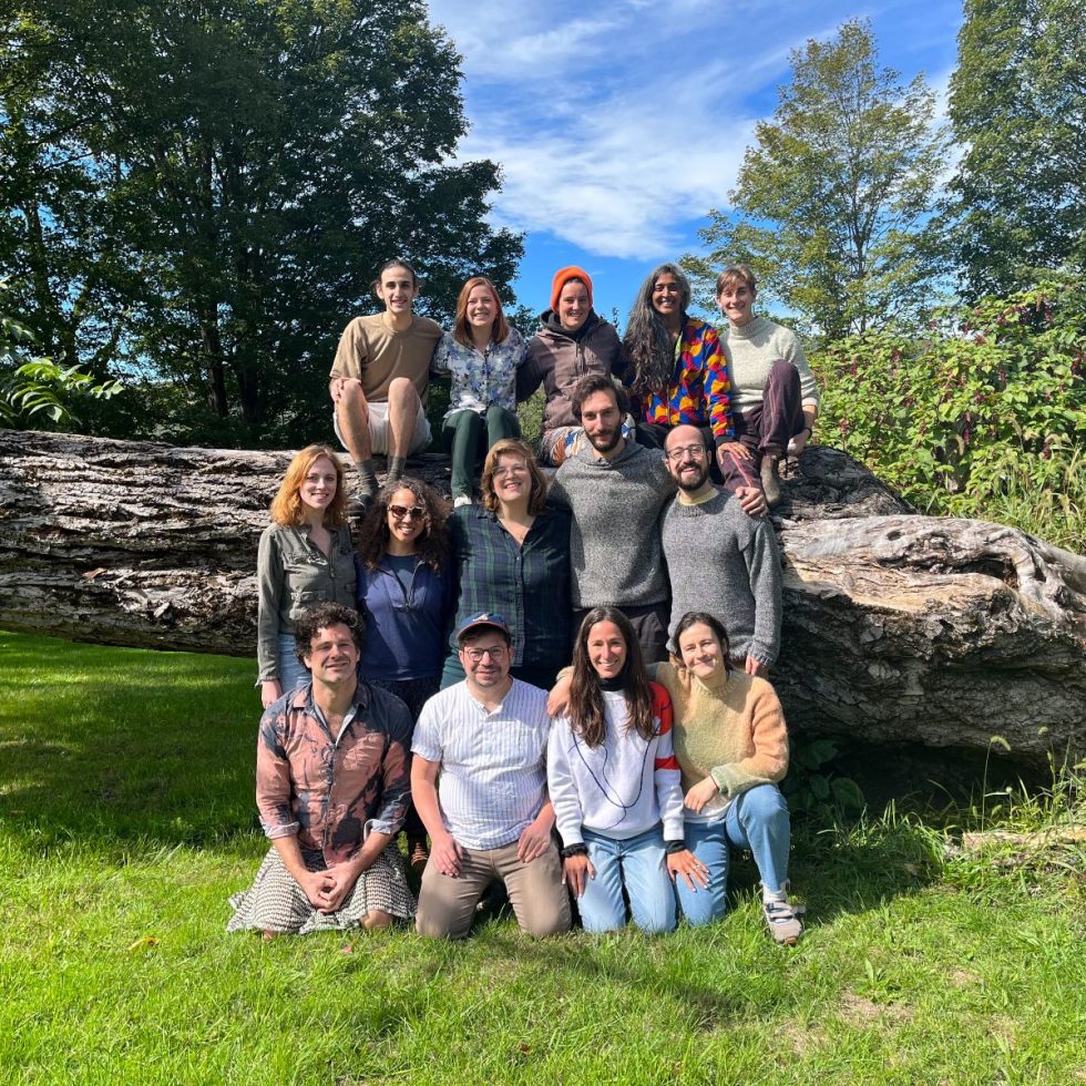 a group of 15 people sit and stand in three tiers, with arms around each other and smiling at the camera. the highest tier sits on a large log of a fallen tree, and there is a blue sky and trees behind them. 